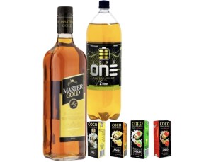 Combo com Whisky MASTER GOLD 900ml + energético 2l + 04 unidade de gelo saborizado