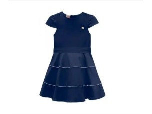 Vestido Azul Rodado com Fita e Strass